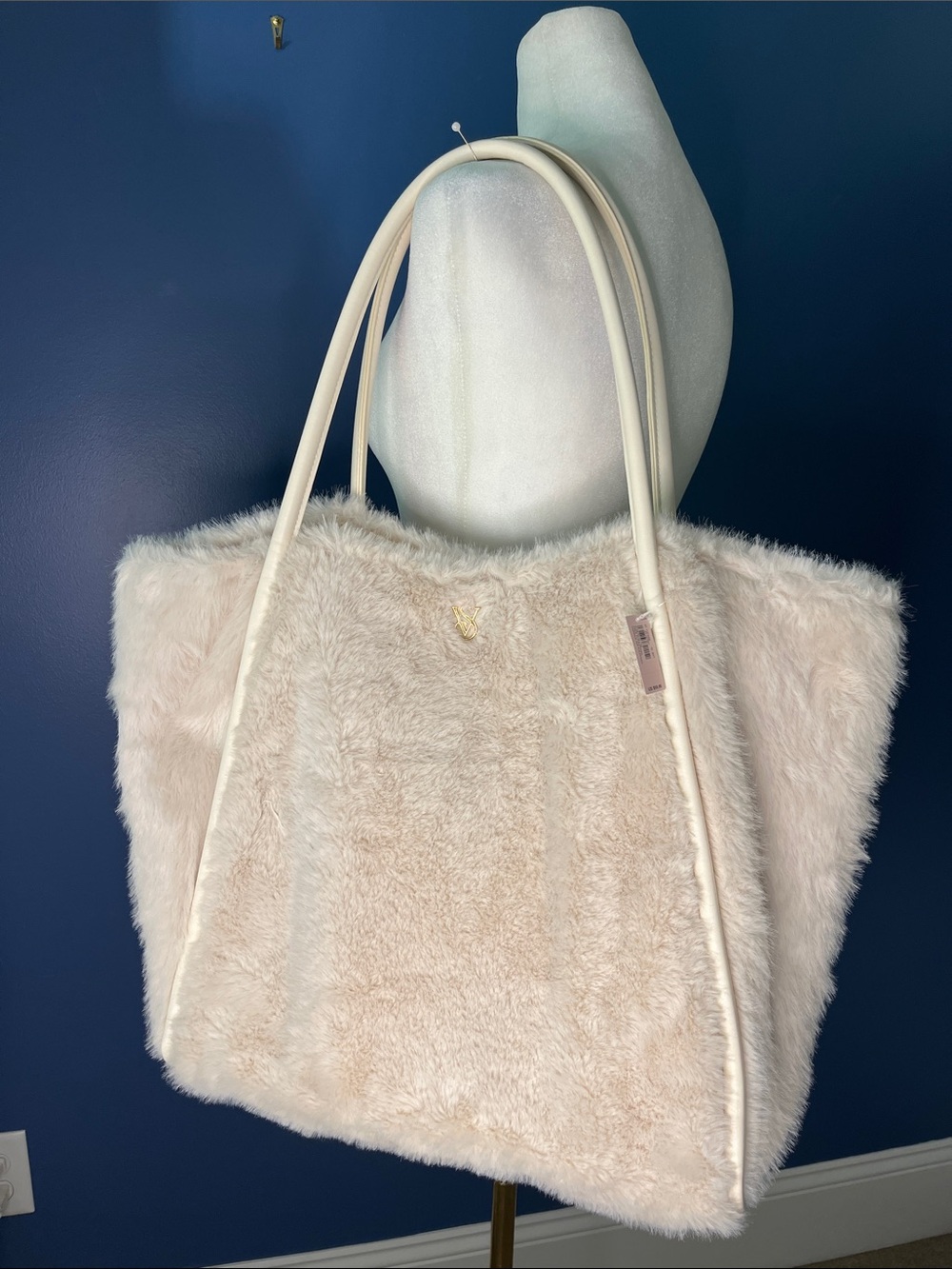 Victoria's Secret Plush Faux Fur tote in Light Cream Taupe, faux leather piping